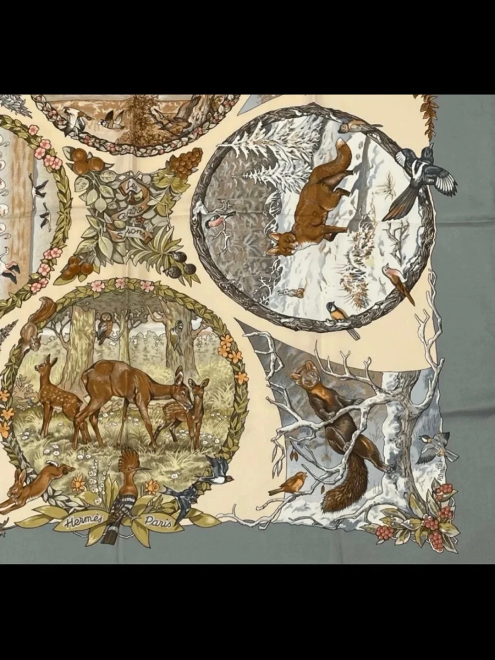 Hermes Wildlife Silk Scarf in Sage Green and Cream